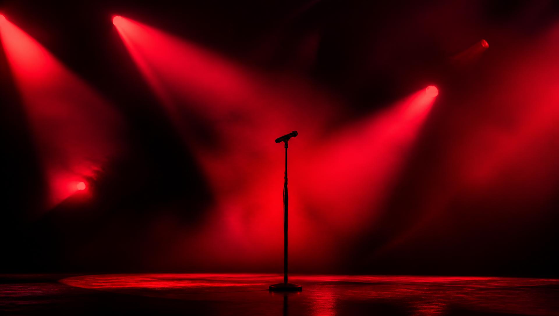 Red stage lights over a microphone